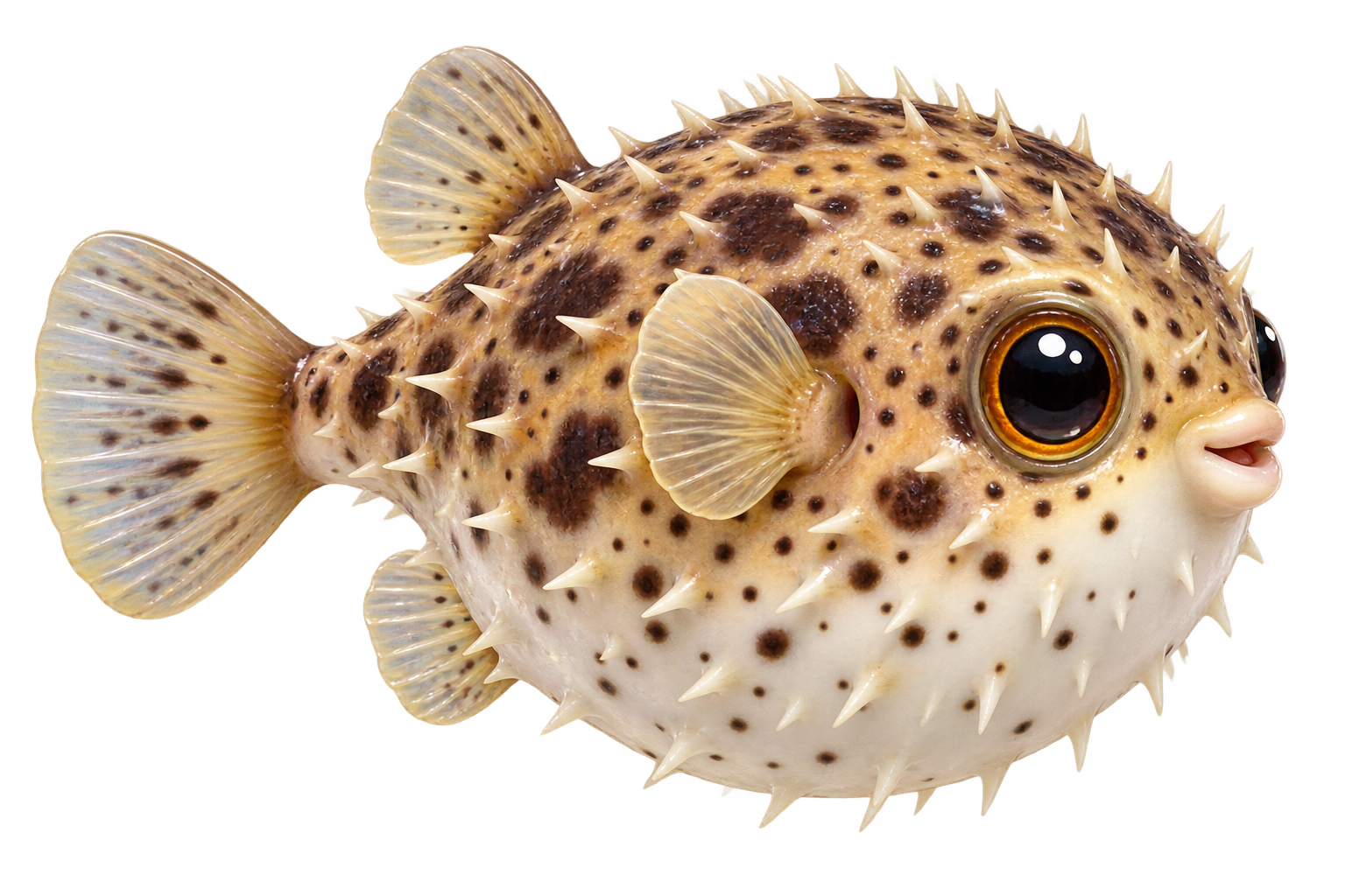 An adorable illustrated porcupine pufferfish with large eyes, tan spots and short spines